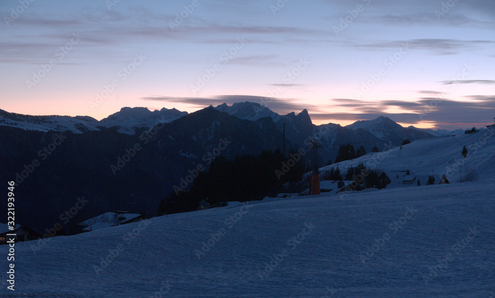 Early light on snow on Flumserberg, Swiss Alps