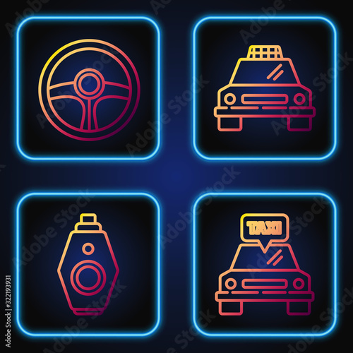 Set line Taxi car, Car key with remote, Steering wheel and Taxi car. Gradient color icons. Vector