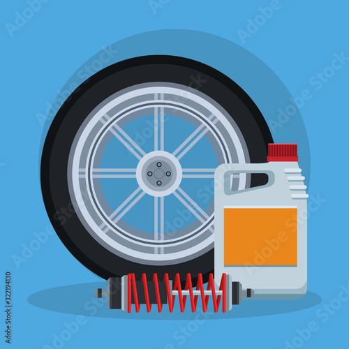 car tire with oil bottle and shock absorber