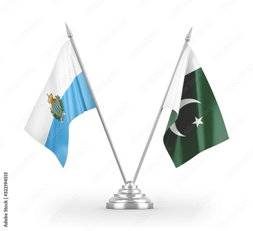 Pakistan and San Marino table flags isolated on white 3D rendering Pakistan and San Marino table flags isolated on white 3D rendering