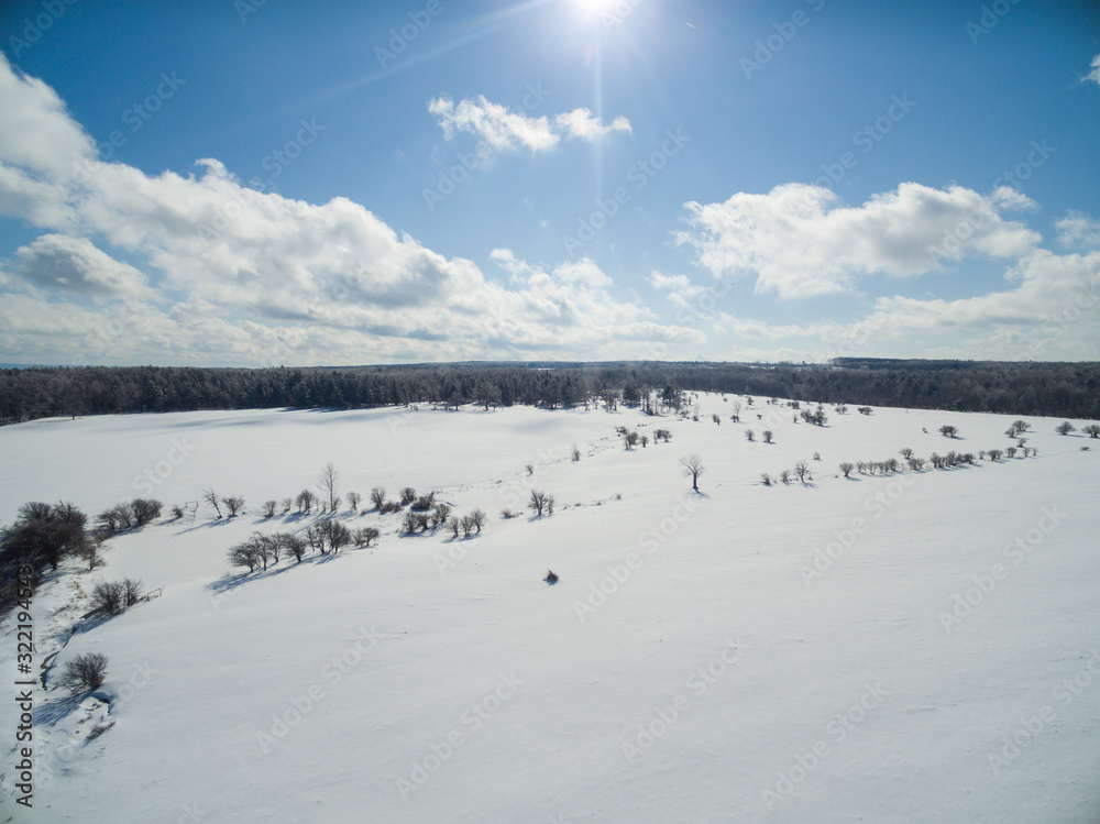Rural winter landscape with snow and forest