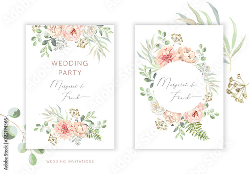 Wedding cards design. Blush pink peony, rose, dahlia flowers, green leaves bouquets, frames. Vector illustration. Romantic floral arrangements. Invitation template background