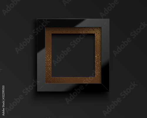 Vector square glossy luxury black frame with golden pattern passepartout. Border for photo, picture, congratulations, quote. Realistic glass frame reflection on dark background
