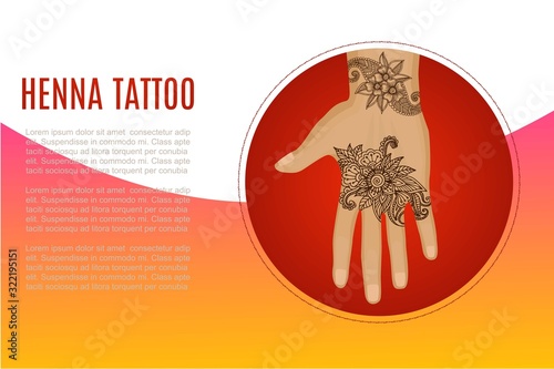 Henna tatto mehndi flowers vector illustration on cartoon human hand banner. Indian culture ormanent on body with henna moss colors for tattoo studio or beauty saloon web banner.