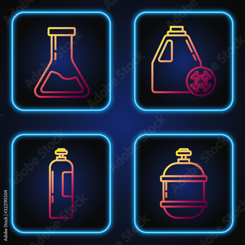 Set line Propane gas tank, Industrial gas cylinder tank, Test tube and flask and Antifreeze canister. Gradient color icons. Vector