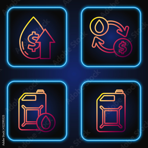 Set line Canister for gasoline, Canister for motor machine oil, Oil price increase and Oil exchange, water transfer, convert. Gradient color icons. Vector