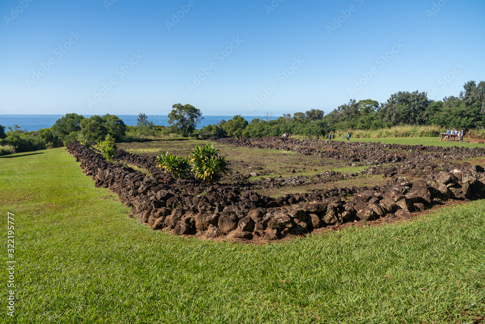 Stone walls and structure at the Pu'u O Mahuka Heiau historic site Stone walls and structure at the Pu'u O Mahuka Heiau historic site