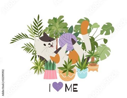 Cute little kitten playing with wool ball in heart shaped home plants with i Love cats inscription, cartoon vector illustration. Lovely cat for pets care, veterinary clinic or petshop.