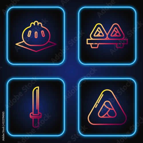Set line Sushi, Japanese katana, Khinkali on cutting board and Sushi on cutting board. Gradient color icons. Vector