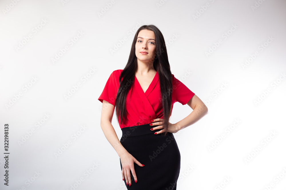 Business young beautiful lady on a white background shows different emotions copy space