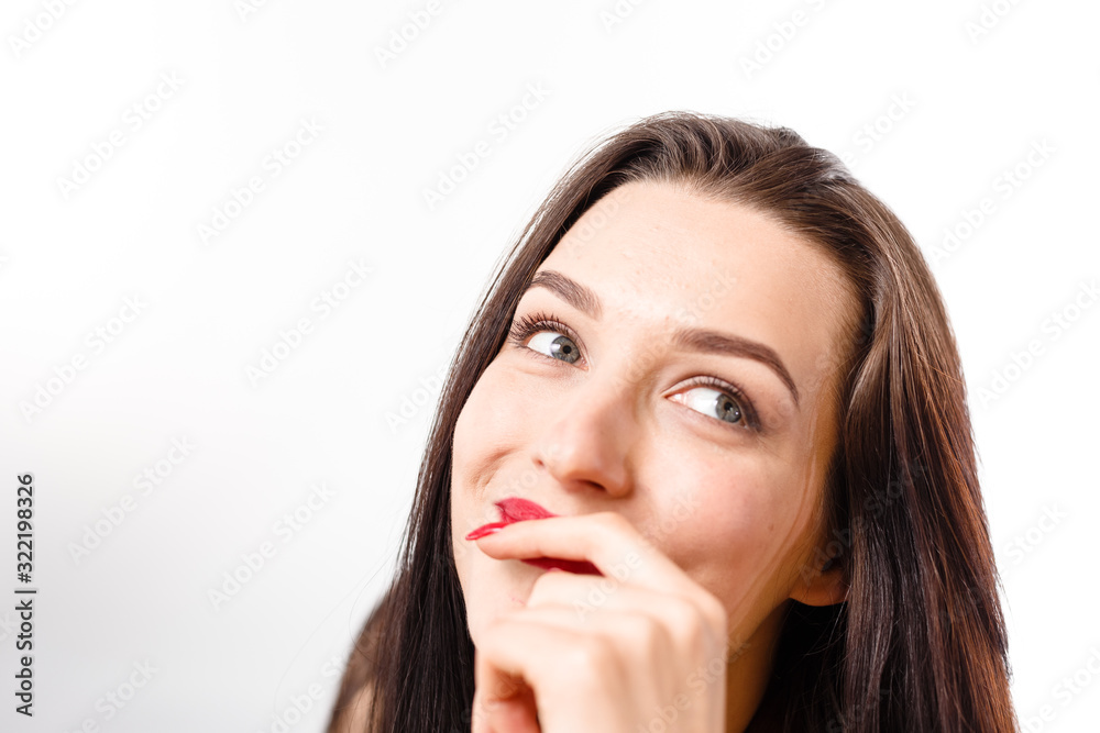 Business young beautiful lady on a white background shows different emotions copy space Business young beautiful lady on a white background shows different emotions copy space