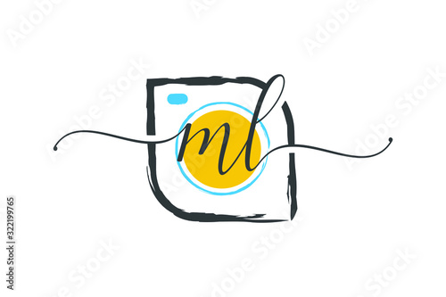 M L Initial handwriting logo design with a brush, Photography logo concept.