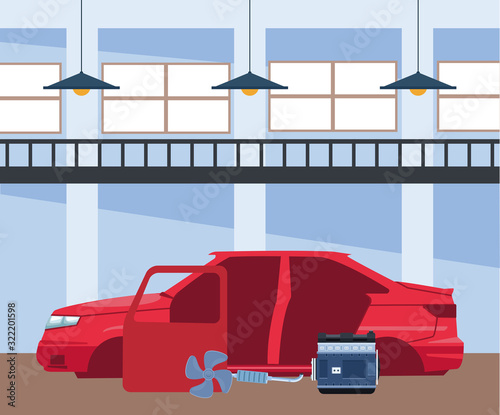car repair shop scenery with car parts and car body