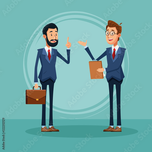 cartoon two businessmen standing talking, colorful design