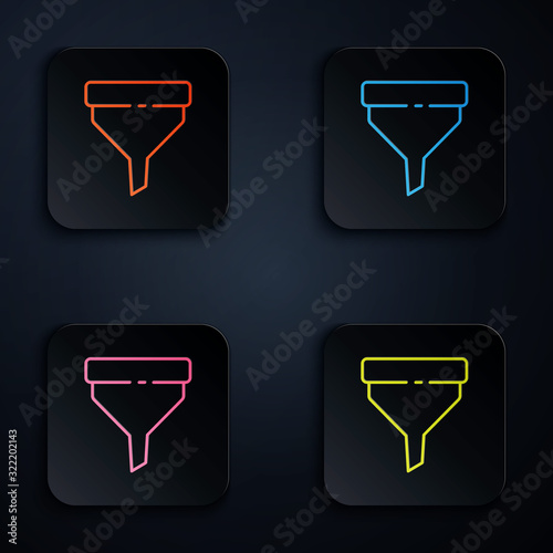 Color neon line Funnel or filter icon isolated on black background. Set icons in square buttons. Vector Illustration