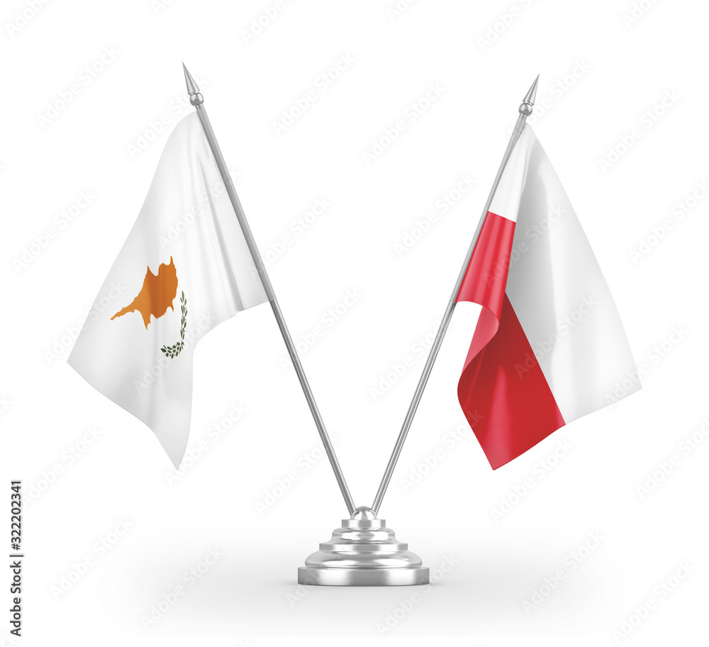 Poland and Cyprus table flags isolated on white 3D rendering Poland and Cyprus table flags isolated on white 3D rendering