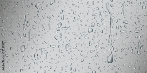 Background with drops and streaks of water in gray colors, flowing down the surface