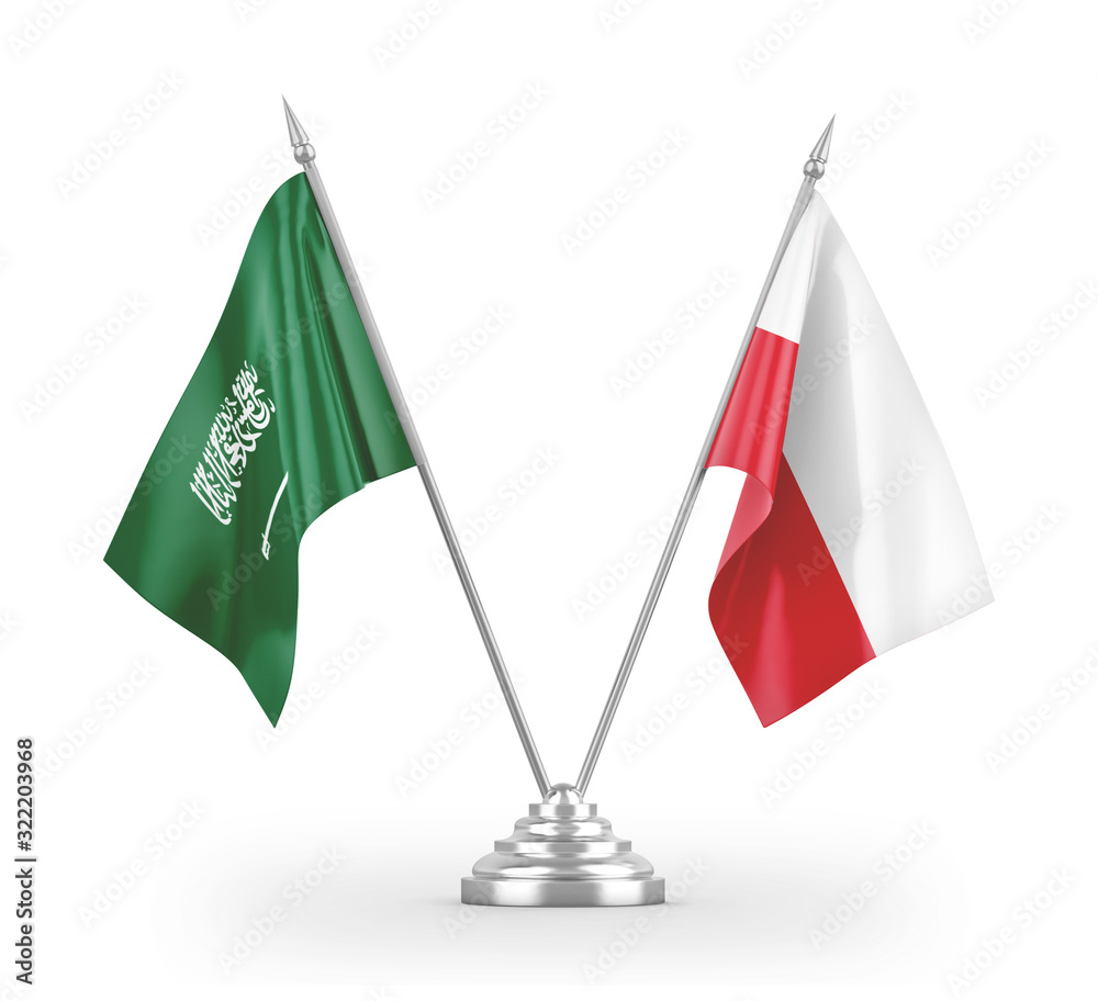 Poland and Saudi Arabia table flags isolated on white 3D rendering Poland and Saudi Arabia table flags isolated on white 3D rendering