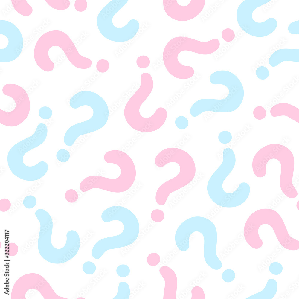 Gender reveal party background. Vector seamless pattern with question mark pink and blue color Gender reveal party background. Vector seamless pattern with question mark pink and blue color