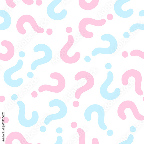 Gender reveal party background. Vector seamless pattern with question mark pink and blue color