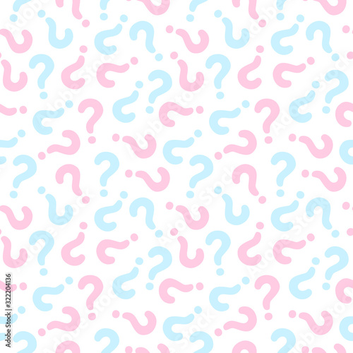 Gender reveal party background. Ornate vector seamless pattern with question mark pink and blue color