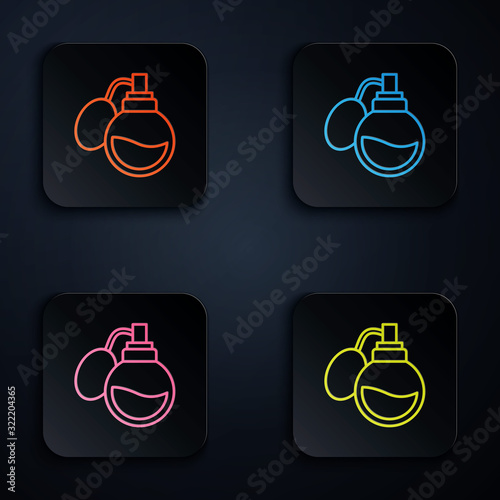 Color neon line Perfume icon isolated on black background. Set icons in square buttons. Vector Illustration