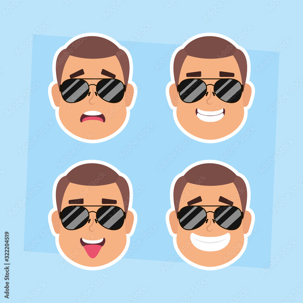 group of man faces with sunglasses characters