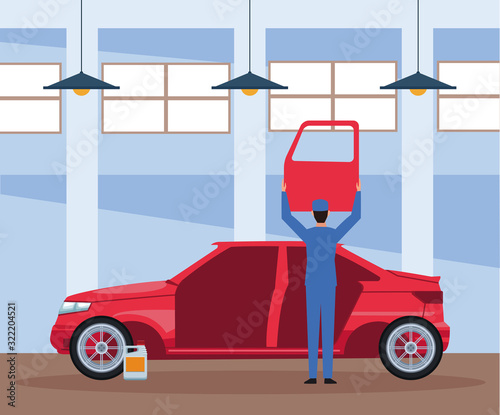 car repair shop scenery with red sedan car and mechanic holding up a door