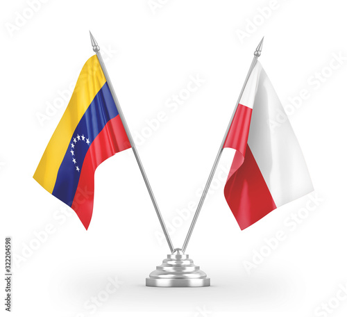 Poland and Venezuela table flags isolated on white 3D rendering