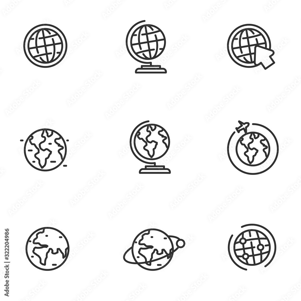Set of globe icons in black line design isolated on white background Set of globe icons in black line design isolated on white background