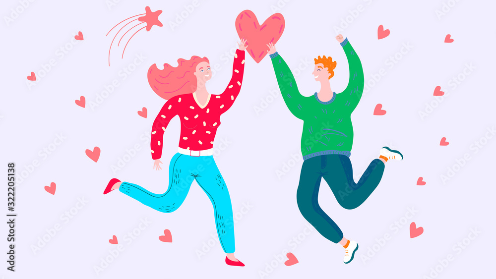 Happy romantic couple jumping, people in love, valentine day vector illustration. Man and woman cartoon characters, romantic relationship, heart symbol of love. Couple romance, valentine day together Happy romantic couple jumping, people in love, valentine day vector illustration. Man and woman cartoon characters, romantic relationship, heart symbol of love. Couple romance, valentine day together