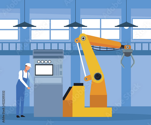 car workshop scenery with mechanic supervising a arm industrial machine