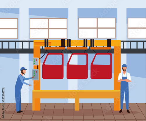 car workshop scenery with machine with car doors and mechanics supervising