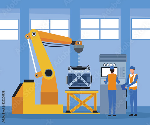 car workshop scenery with arm industrial machine holding a engine and mechanics standing supervising
