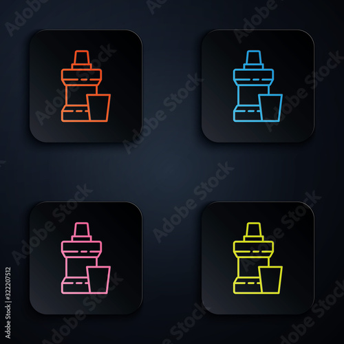 Color neon line Mouthwash plastic bottle and glass icon isolated on black background. Liquid for rinsing mouth. Oralcare equipment. Set icons in square buttons. Vector Illustration