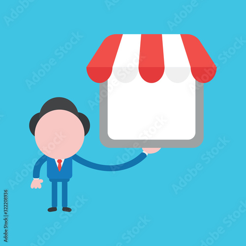 Vector illustration concept of businessman character holding shop store on blue background.