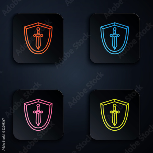 Color neon line Medieval shield with sword icon isolated on black background. Set icons in square buttons. Vector Illustration