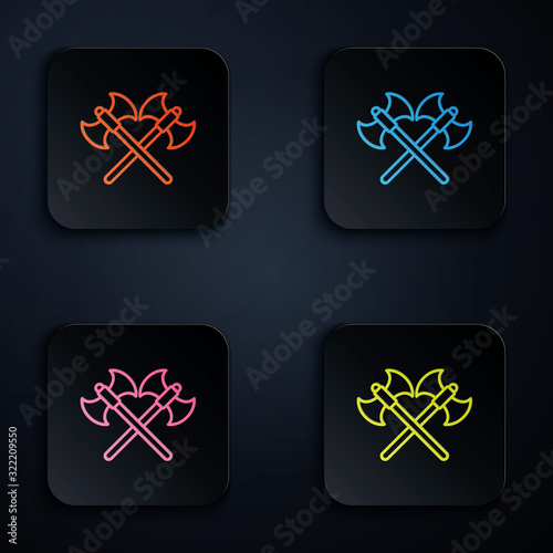 Color neon line Crossed medieval axes icon isolated on black background. Battle axe, executioner axe. Set icons in square buttons. Vector Illustration