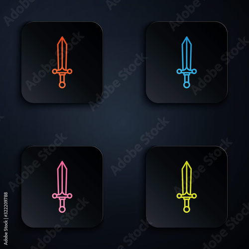 Color neon line Medieval sword icon isolated on black background. Set icons in square buttons. Vector Illustration