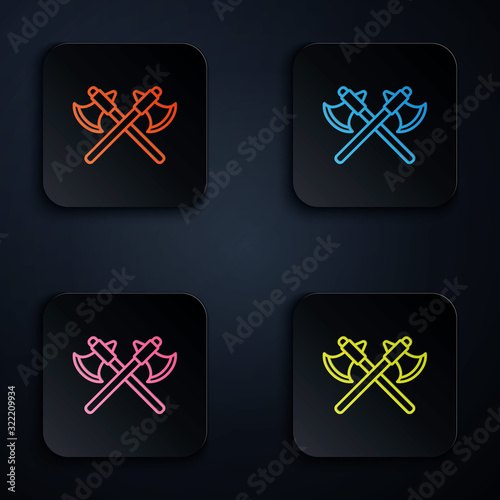 Color neon line Crossed medieval axes icon isolated on black background. Battle axe, executioner axe. Set icons in square buttons. Vector Illustration