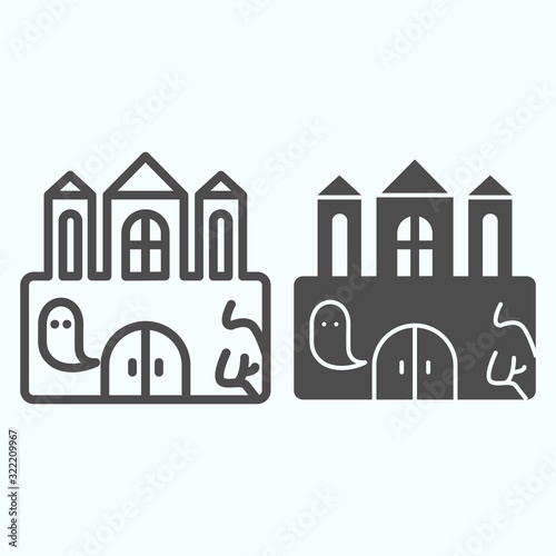 Castle line and solid icon. Big magic tower with door and ghost. Halloween vector design concept, outline style pictogram on white background, use for web and app. Eps 10.
