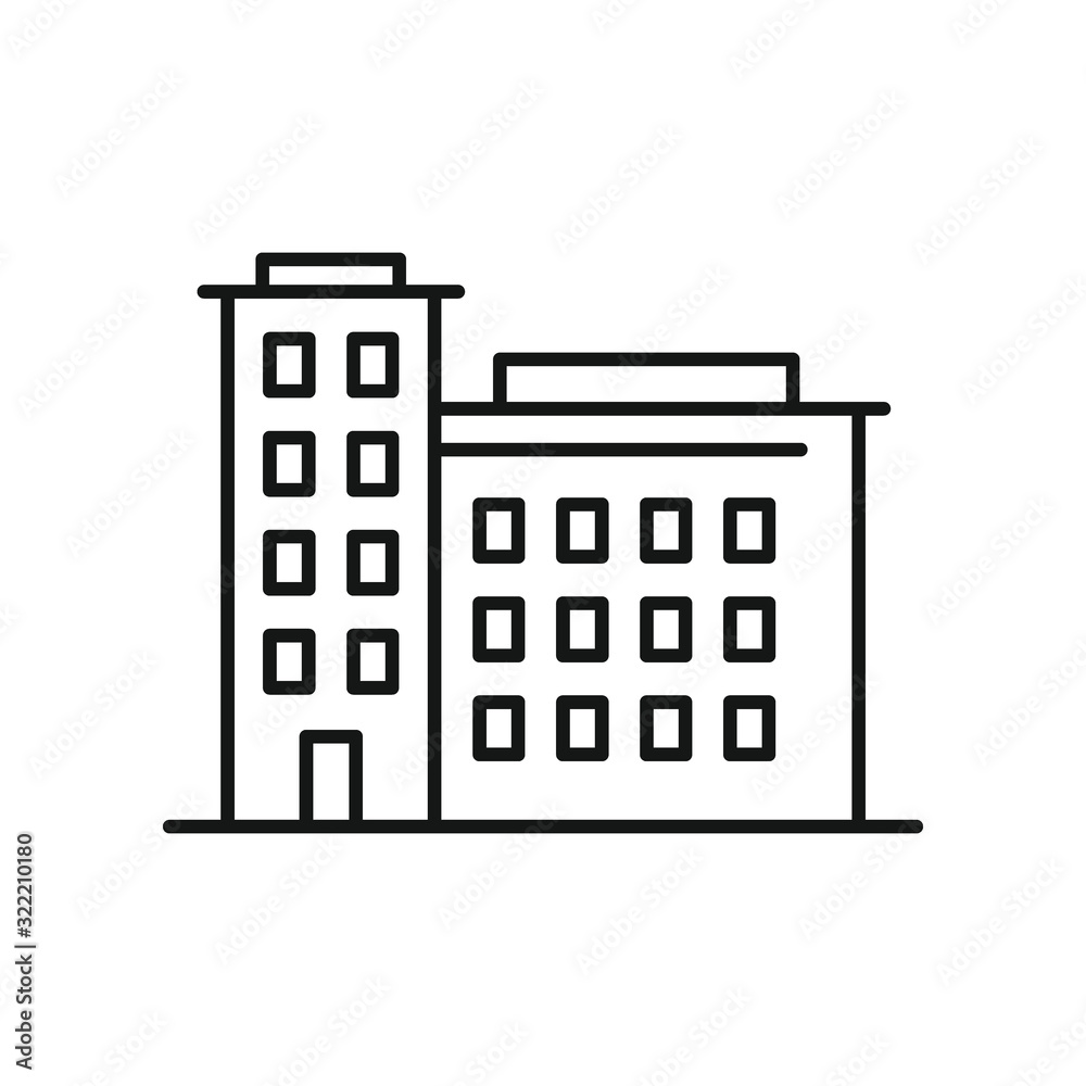 Line vector hotel building on white background. Urban architecture, skyscraper on white background. Element for web, game and advertising Line vector hotel building on white background. Urban architecture, skyscraper on white background. Element for web, game and advertising