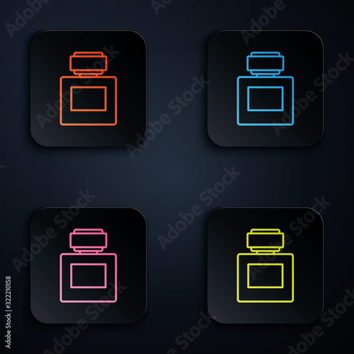 Color neon line Aftershave icon isolated on black background. Cologne spray icon. Male perfume bottle. Set icons in square buttons. Vector Illustration