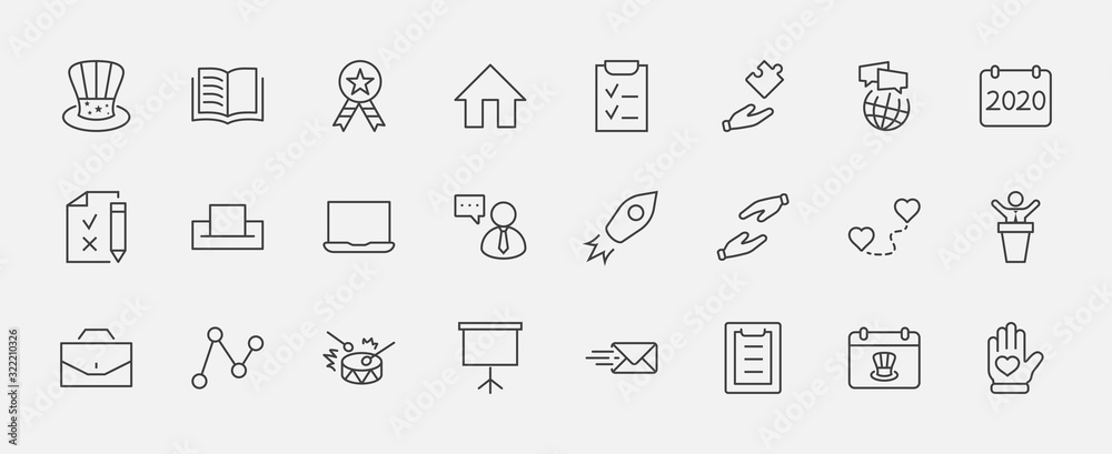 International Presidents Day Set Line Vector Icons. Contains such Icons as Hat, President, Voting, USA, Flag, Elections, Government, Ballot, Box, Check, Politics and more Editable Stroke 32x32 Pixels