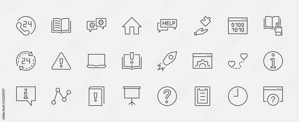 Set of Help And Support Vector Line Icons. Contains such Icons as Handbook, Book, Online Help, Tech Support and more. Editable Stroke. 32x32 Pixels