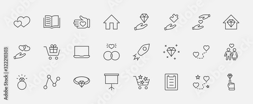 International Jeweler Day Set Line Vector Icons. Contains such Icons as Love, Heart, Hand, Family, Wedding Rings, Diamond, Jewelry store, Gift, Basket and more. Editable Stroke. 32x32 Pixels