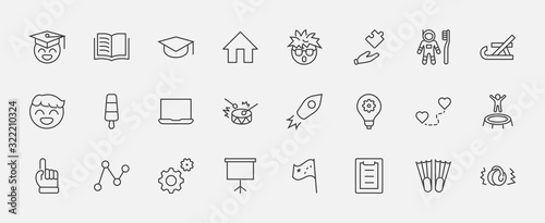 International World Day of Children's Inventions Set Line Vector Icon. Contains such Icons as Toothbrush astronauts, Trampoline, Flippers, Frozen juice, earmuffs. Editable Stroke. 32x32 Pixels