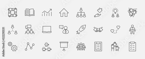 Set of Team Work Related Vector Line Icons. Contains such Icons as Handshake, Check, Idea, Coffee, Gears, Cooperation, Collaboration, Team Meeting and more. Editable Stroke. 32x32 Pixels