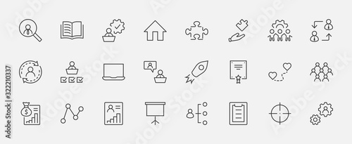 Set of People Management Related Vector Line Icons. Contains such Icons as Target, Puzzle, Certificate, Personal data processing, Task Manager, Qualification, Head Hunting and more. Editable Stroke photo