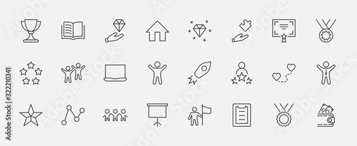 Set of Success Related Vector Line Icon. Contains such Icons as Cup, Ribbon, Star, Winner, Reward and more.Editable Stroke. 32x32 Pixels